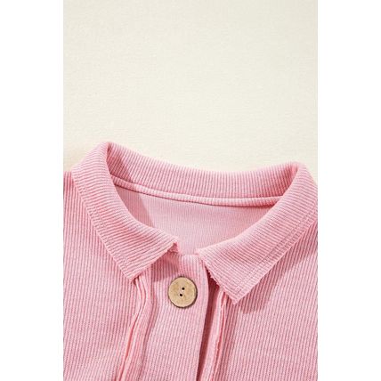 Pink Ribbed Knit Collared Henley Top with Chest Pocket