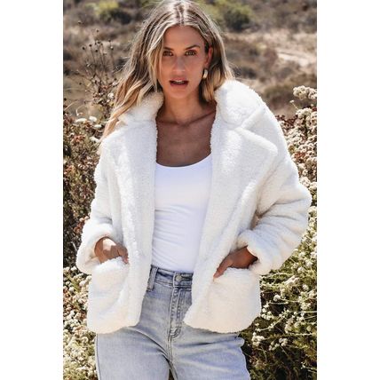 Beige Faux Fur Button Pocketed Lapel Collar Jacket