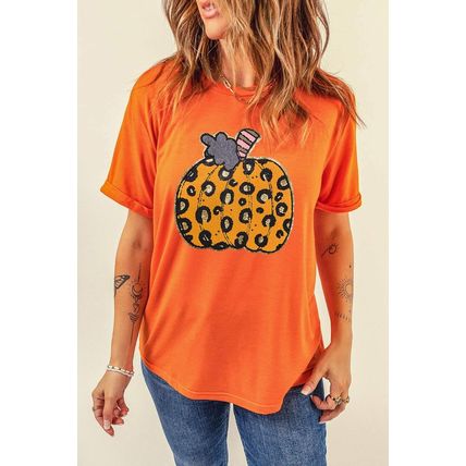 Orange Halloween Leopard Pumpkin Crew Neck Graphic Tee