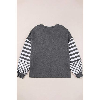 Dark Grey Checkerboard Striped Patchwork Lantern Sleeve Pocketed Blouse