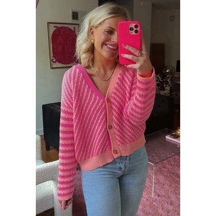 Pink Striped Buttoned V Neck Drop Shoulder Cardigan