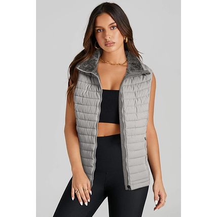 Silvery Plush Collared Quilted Zipped Puffer Vest