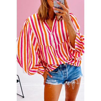 Orange Stripe Balloon Sleeve Notched V Neck Buttoned Front Blouse