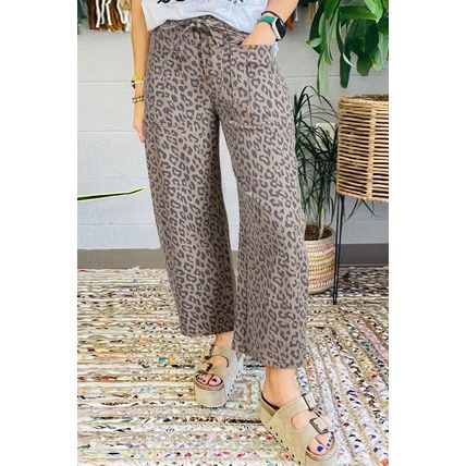 Khaki Leopard Printed Drawstring Waist Pocketed Wide Leg Jeans