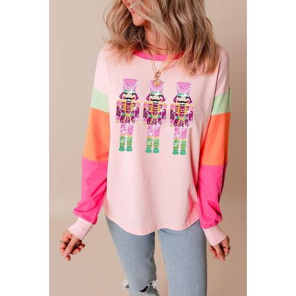 Pink Christmas Sequin Nutcracker Graphic Colorblock Long Sleeve Top