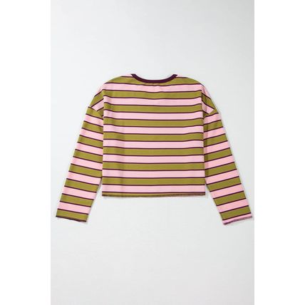 Spinach Green Clashing Stripes Waffle Texture Notched Neck Long Sleeve Top