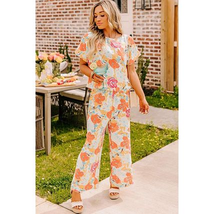Orange Vibrant Floral Printed Short Sleeve Top 2 Piece Pants Set