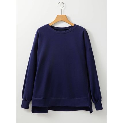 Navy Blue Solid Fleece Lined Drop Shoulder High Low Sweatshirt
