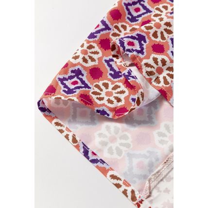 Orange Mixed Floral Printed Long Sleeve Tied V Neck Blouse