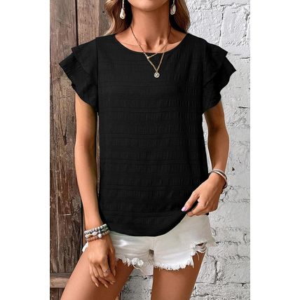 Black Textured Ruffled Sleeve Round Neck Top