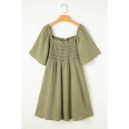 Grass Green Frilly Square Neck Flutter Sleeve Smocked High Waist Plus Size Dress