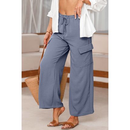 Dark Grey Drawstring Frilled Waist Wide Leg Utility Trousers