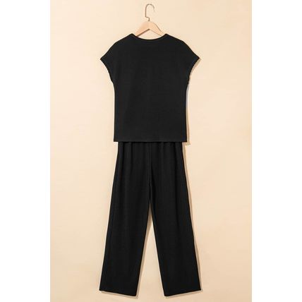 Black Solid Color Corded Short Sleeve Top and Casual Pants Set
