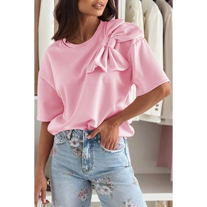 Pink Bow Applique Half Sleeve T-shirt