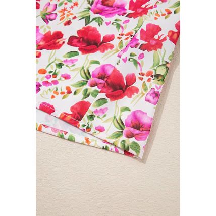 Red Floral Print Striped Patchwork Collared Short Sleeve Blouse
