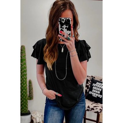 Black Layered Ruffle Short Sleeve Round Neck Top