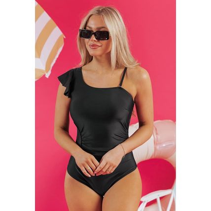 Black Asymmetric Ruffle Shoulder Pleated One Piece Swimsuit