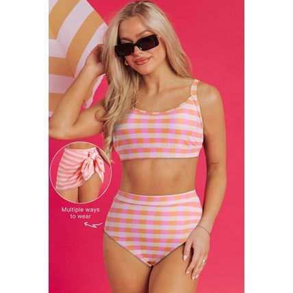 Pink 3pcs Gingham High Waist Bikini & Sarong