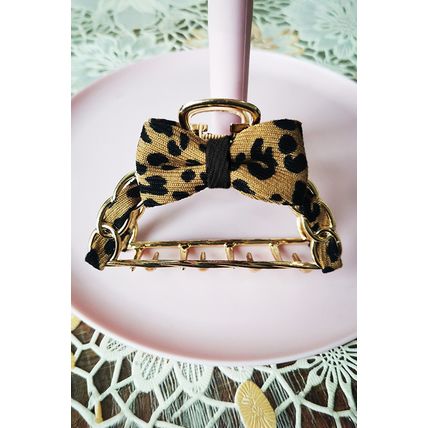 Camel Leopard Print Bow Decor Alloy Hair Claw Clip