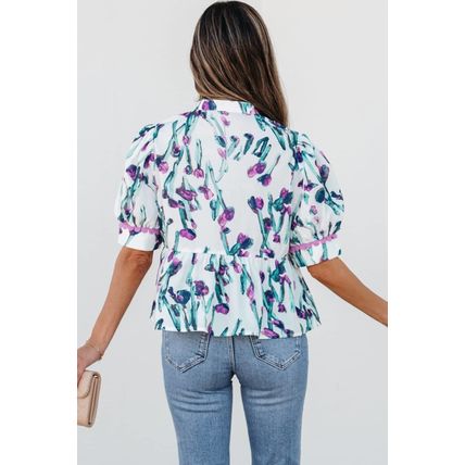 Purple Floral Ricrac Trim Half Sleeve Peplum Top
