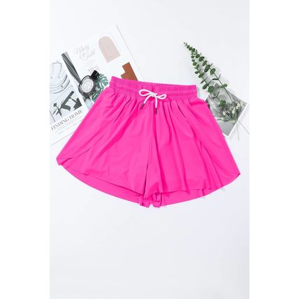 Rose Red Drawstring Elastic Waist Lined Ruffle Shorts Bikini Bottom