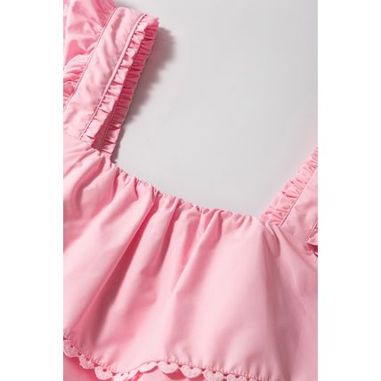 Pink Tiered Heart Trim Square Neck Flutter Top