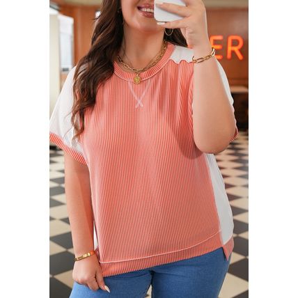 Carrot Twist Rib Colorblock Hi Low Plus Size Short Sleeve Top