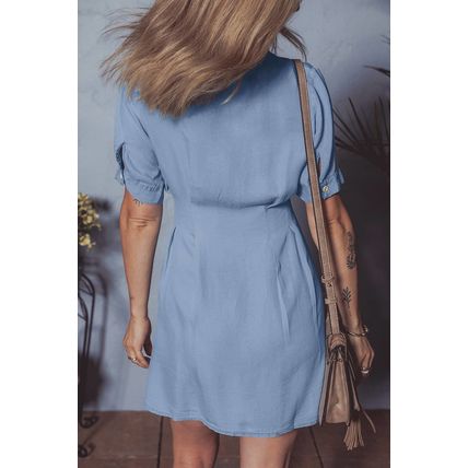 Myosotis Denim Pleated Slim Waist Short Sleeve Shirt Dress