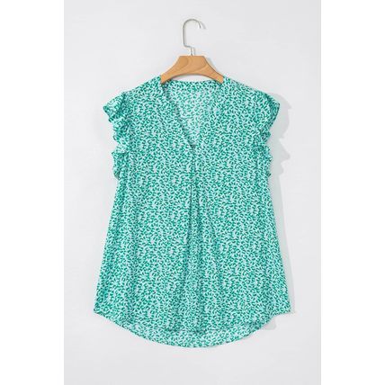 Green Notched V Neck Leopard Ruffle Short Sleeve Blouse