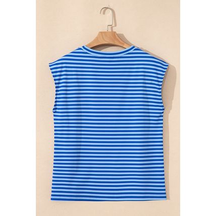Sky Blue Stripe Ribbed Cap Sleeve Round Neck T Shirt