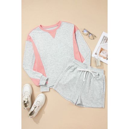 Light Grey Color Block Raw Hem Pullover and Casual Shorts Set