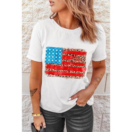 White Leopard Insert American Flag Pattern Cotton Blend T Shirt