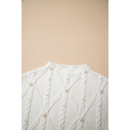 White Pearled High Neck Textured Knit Sweater Vest