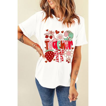 White Cute Strawberry Floral Teacher Graphic Custom Tee
