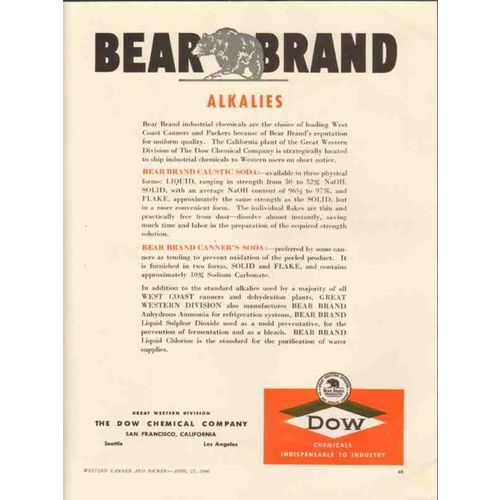 dow chemical company 1946 bear brand canners alkalies vintage ad