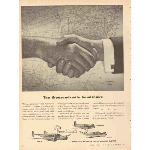 beech aircraft corp 1953 thousand mile handshake bonanza vintage ad