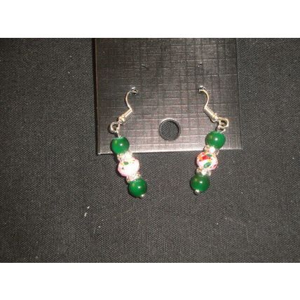 Colourful dark green glass over blended pink bead short drop earrings