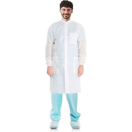 White Disposable Lab Coats for Adults, L. 10 Pack Disposable Lab Coat with Sn...