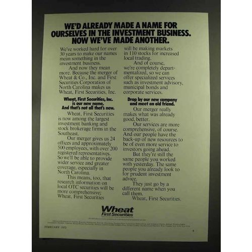 1972 Wheat First Securities Ad - Made a Name