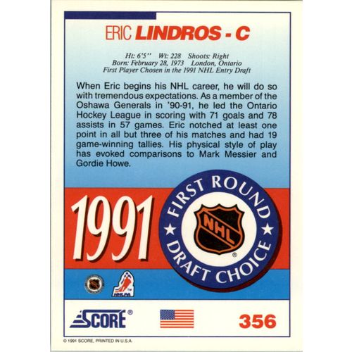 1991 Score Eric Lindros 1st Round Draft Choice #356