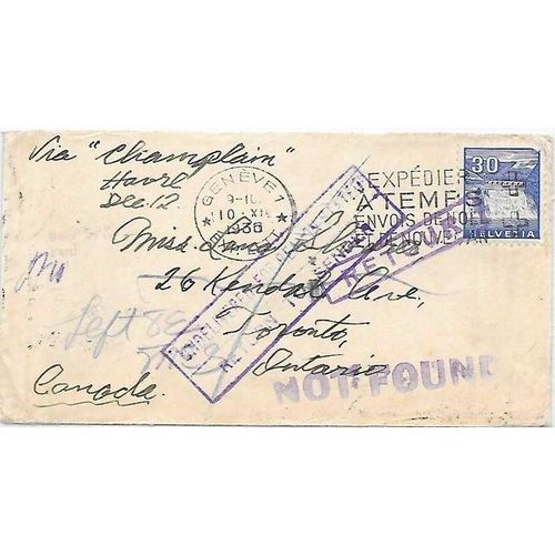 Canada Dead Letter Office from Switzerland 1936 via Champlain USA + GB RETURNED