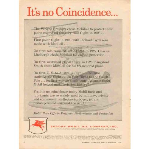 SOCONY MOBIL OIL COMPANY 1956 coincidence Wright Brothers vintage ad