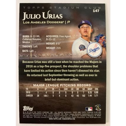 2019 Stadium Club Black and White #147 Julio Urias