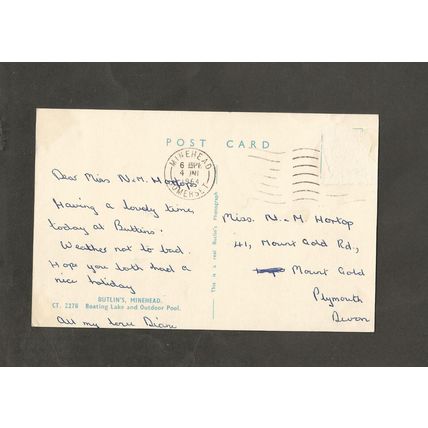 Postcard Somerset Minehead Butlins Holiday Camp Boating lake and pool