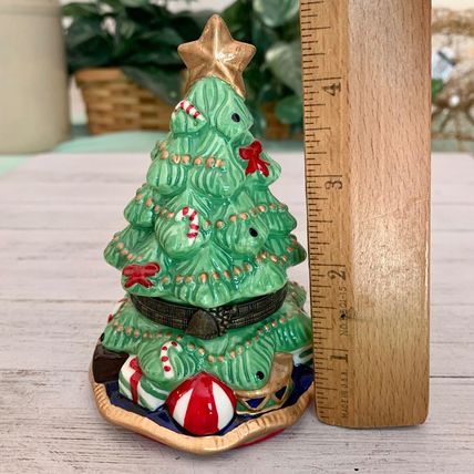 Porcelain Hinged Christmas Tree Trinket Box W Gold Star Green & Red Lidded 4.75"