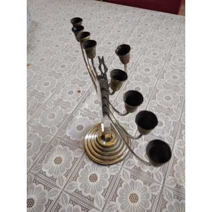 Vintage Early 20C Wide Judaica Silver-Plated Chanukah Menorah Marked 100, W 30cm