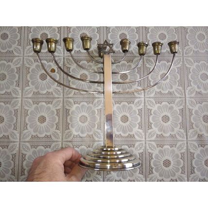 Vintage Early 20C Wide Judaica Silver-Plated Chanukah Menorah Marked 100, W 30cm
