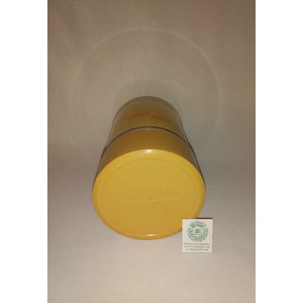 VINTAGE 1970s KING-SEELEY YELLOW GEOMETRIC PATTERN SOUP THERMOS w LID & STOPPER