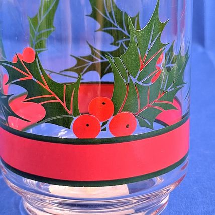 Lot 4 LIBBEY HOLLY & BERRIES 16oz Glass Flat TUMBLERS Christmas Cooler Water