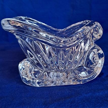 Christmas Santa SLEIGH Lead Crystal CANDLE HOLDER Clear Glass Votive Candy Dish